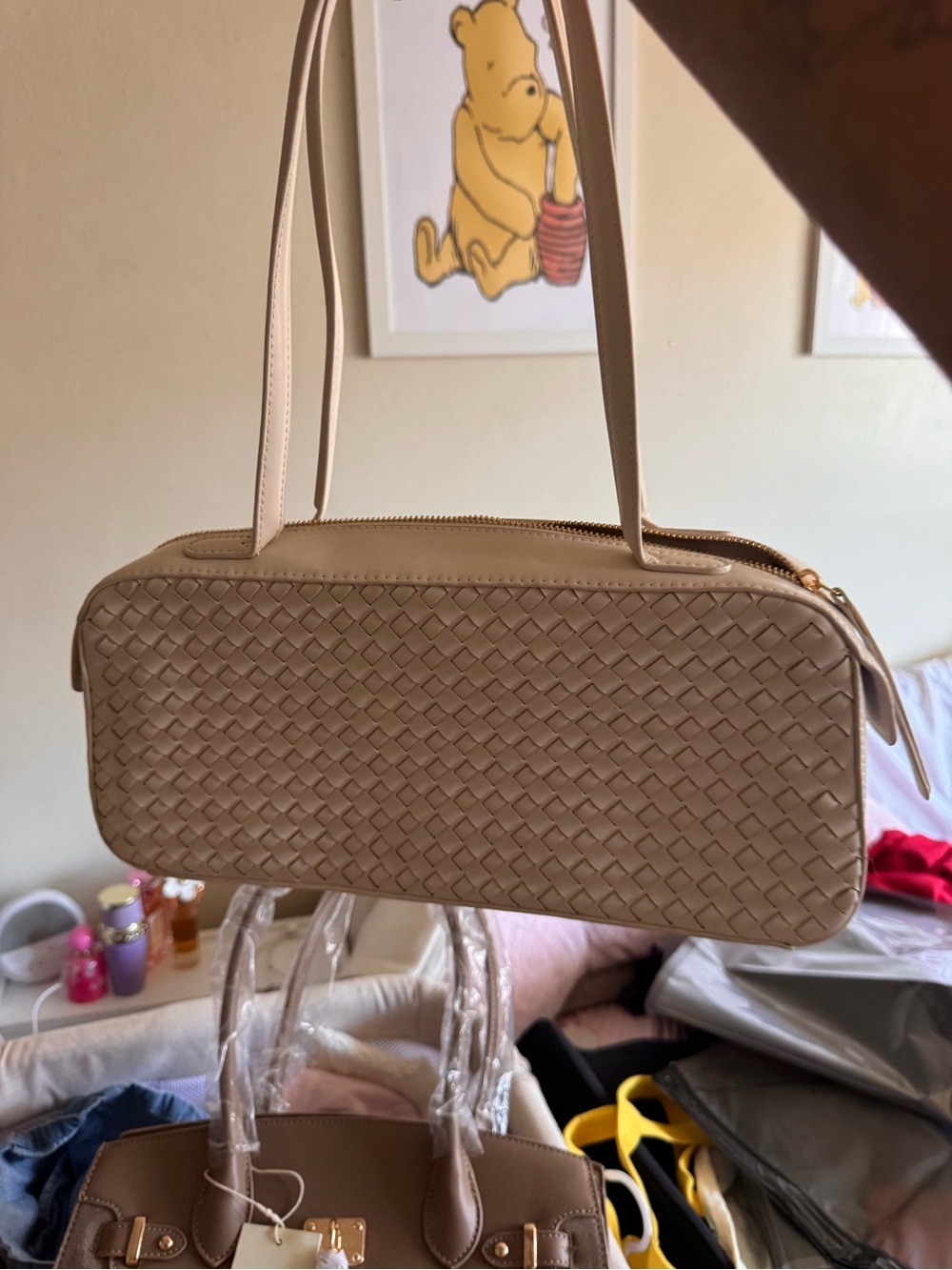 Woven Shoulder Bag in Light Beige - Women's Shoulder Purse